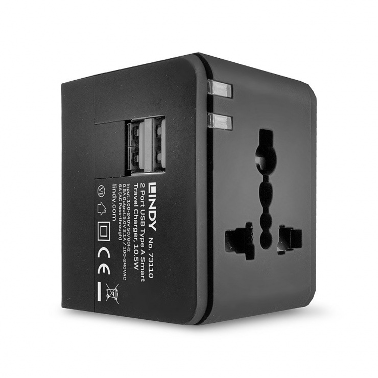 Imagine Incarcator priza 10.5W cu adaptoare universale cu 2 x USB Negru, Lindy L73110