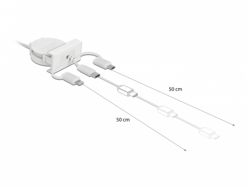 Imagine Modul Easy 45 cu cablu retrctabil USB-A 2.0 la USB-C/Micro USB/Lightning Alb, Delock 81375