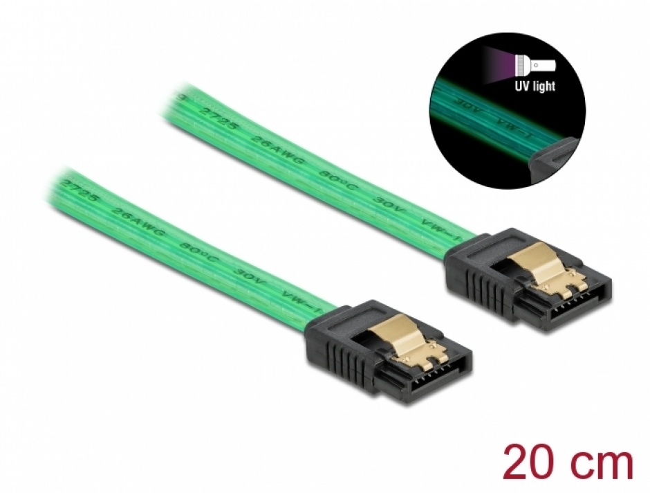 Imagine Cablu SATA III 6 Gb/s UV glow effect 20cm Verde, Delock 82017