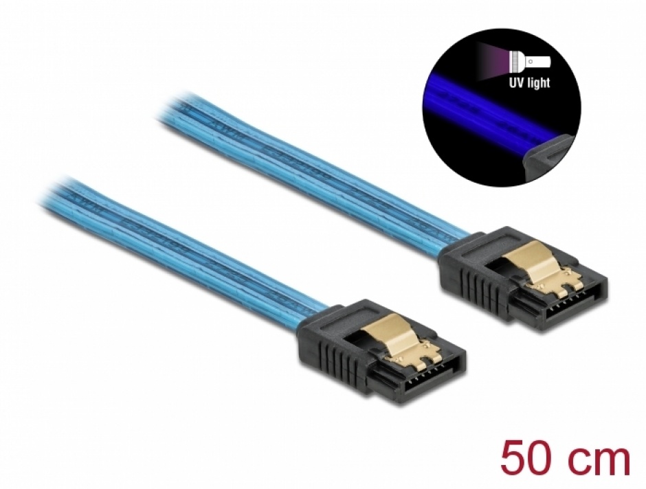 Imagine Cablu SATA III 6 Gb/s UV glow effect 50cm Albastru, Delock 82130