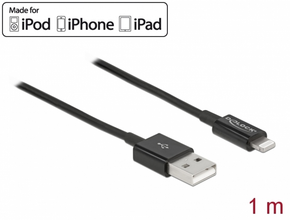 Imagine Cablu de date si incarcare USB la Apple Lightning MFI 1m Negru, Delock 83002