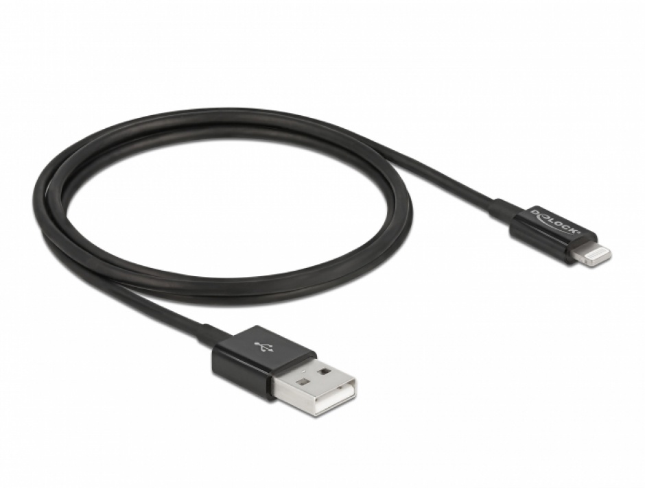 Imagine Cablu de date si incarcare USB la Apple Lightning MFI 1m Negru, Delock 83002