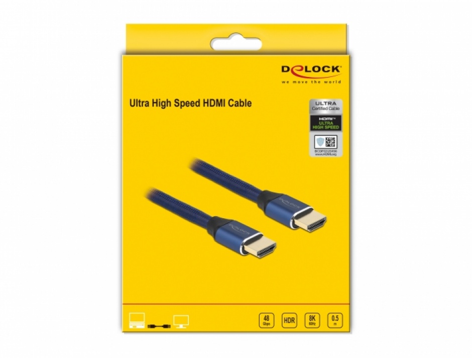 Imagine Cablu Ultra High Speed HDMI 48 Gbps 8K60Hz/4K240Hz 0.5m Blue Certificat, Delock 85445