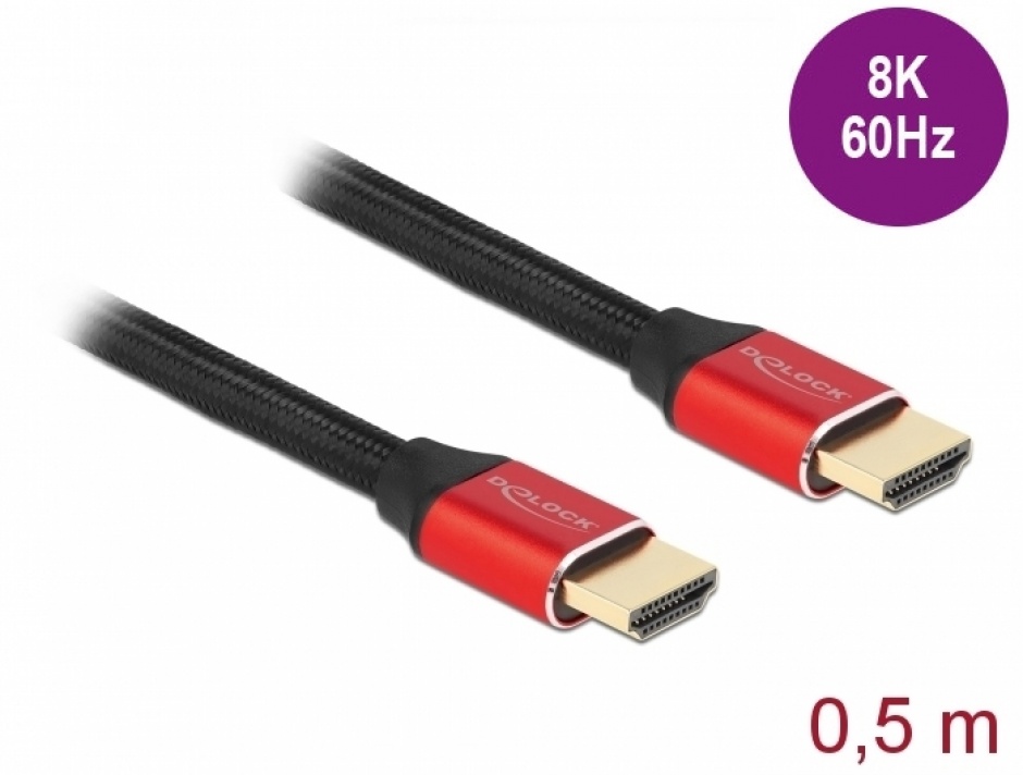 Imagine Cablu Ultra High Speed HDMI 48 Gbps 8K60Hz/4K240Hz 0.5m Rosu Certificat, Delock 85772