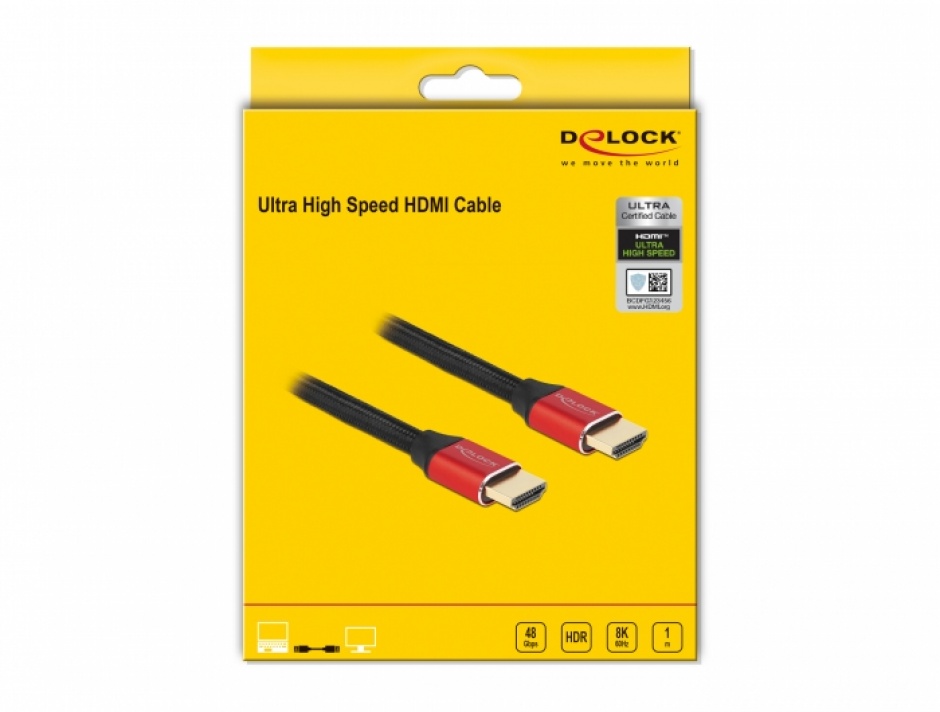 Imagine Cablu Ultra High Speed HDMI 48 Gbps 8K60Hz/4K240Hz 1m Rosu Certificat, Delock 85773