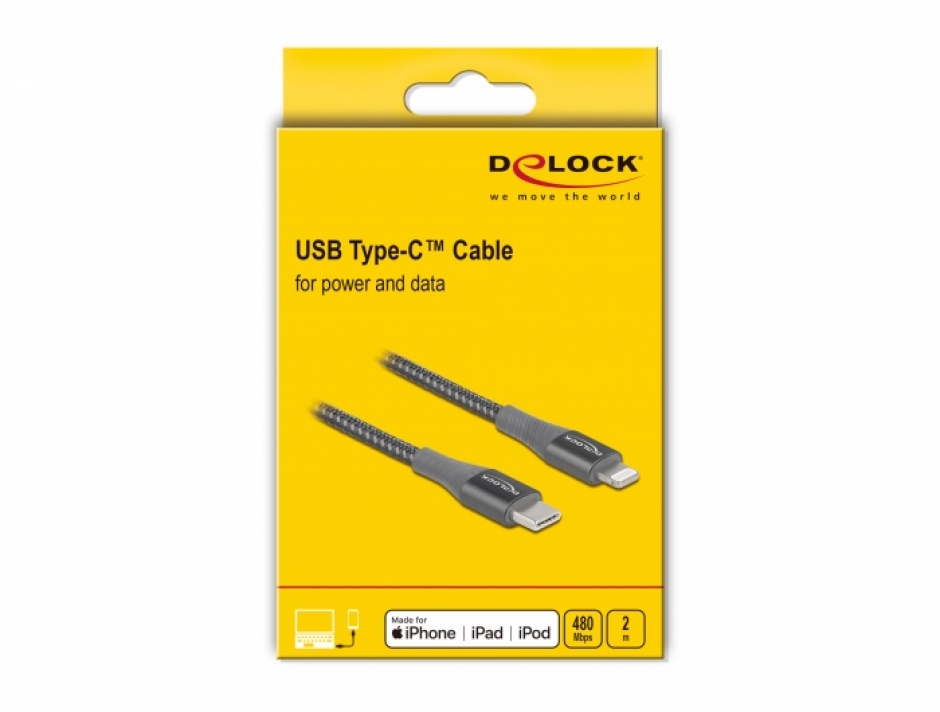 Imagine Cablu de date si incarcare USB Type-C la Lightning MFI Gri 2m, Delock 86632