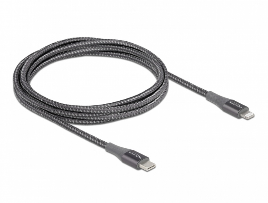 Imagine Cablu de date si incarcare USB Type-C la Lightning MFI Gri 2m, Delock 86632