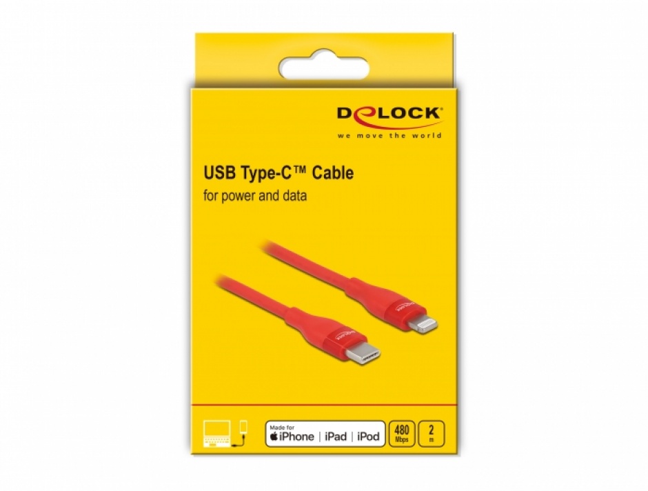 Imagine Cablu de date si incarcare USB Type-C la Lightning MFI 2m Rosu, Delock 86635