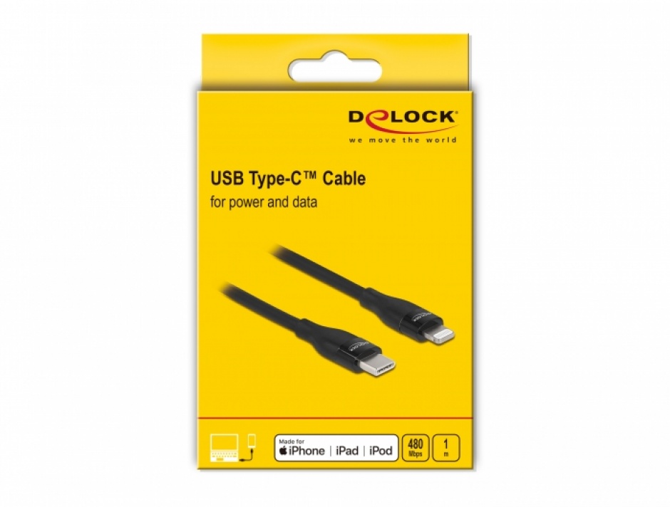 Imagine Cablu de date si incarcare USB Type-C la Lightning MFI 1m Negru, Delock 86637