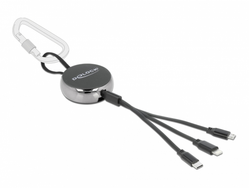 Imagine Cablu USB 3 in 1 retractabil de incarcare Lightning 8 pini / Micro USB / USB Type-C Negru, Delock 86