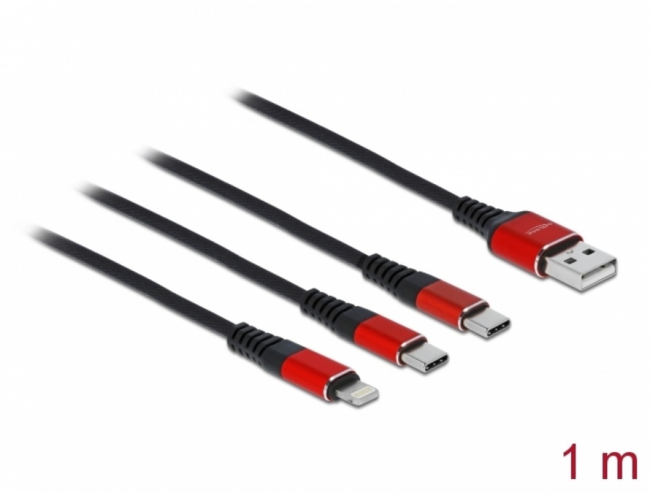 Imagine Cablu de incarcare 3 in 1 USB-A la Lightning / 2 x USB-C T-T 1m, Delock 86709
