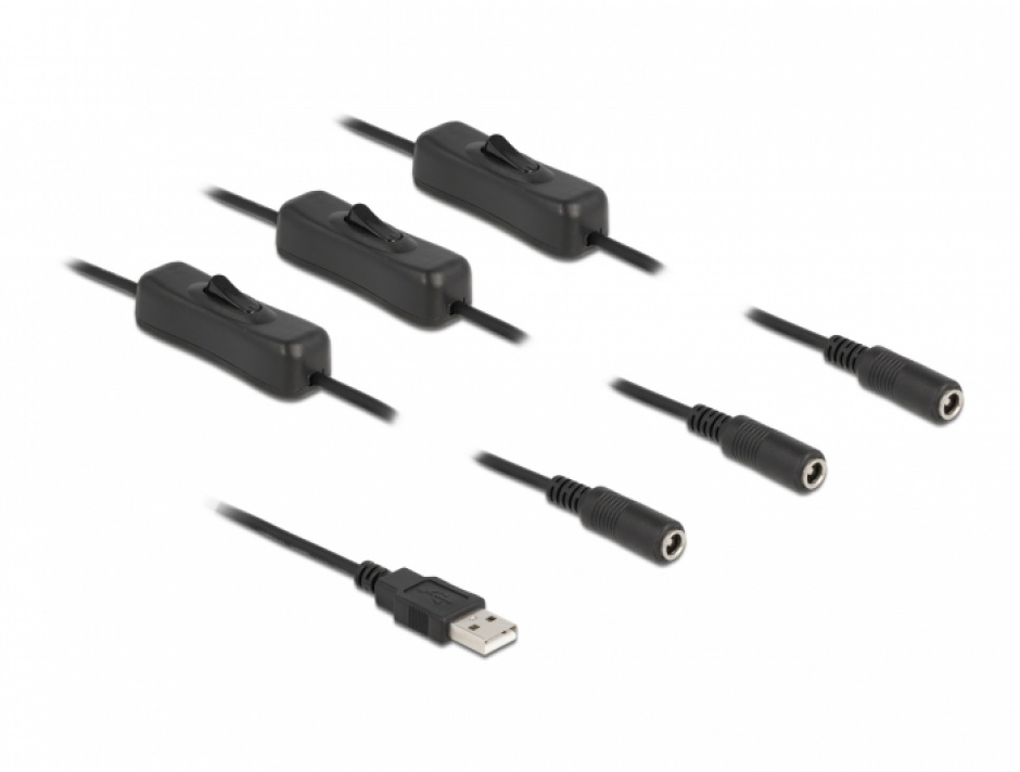 Imagine Cablu de alimentare USB-A la 3 x DC 5.5 x 2.1 mm T-M cu switch On/Off 1m, Delock 86798