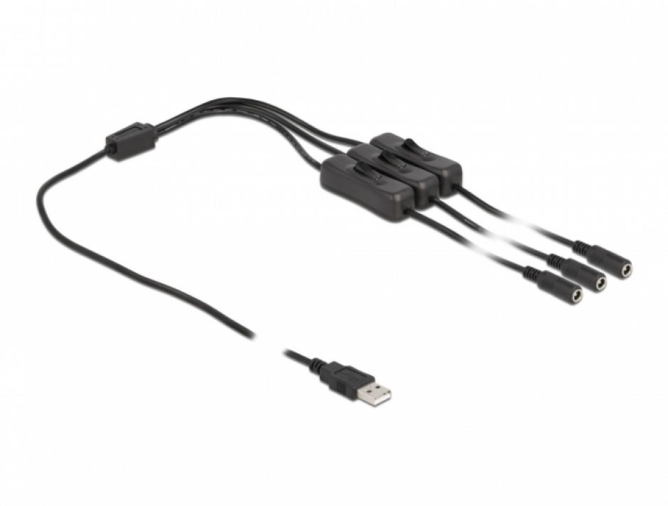 Imagine Cablu de alimentare USB-A la 3 x DC 5.5 x 2.1 mm T-M cu switch On/Off 1m, Delock 86798