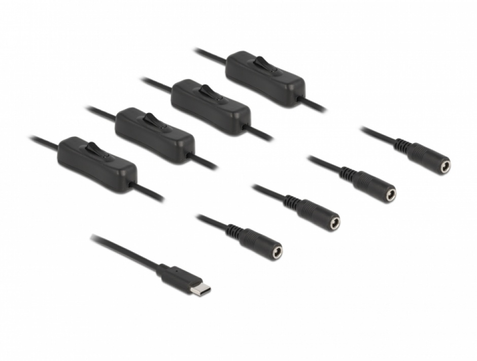 Imagine Cablu USB Type-C la 4 x DC 5.5 x 2.1 mm cu switch T-M 1m, Delock 86802