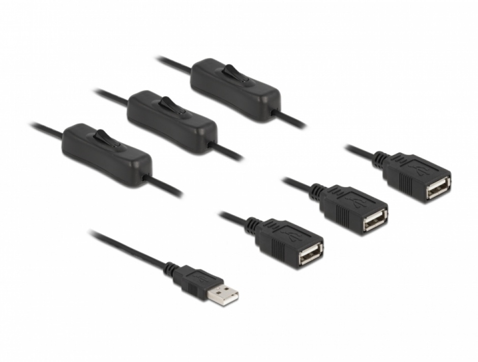 Imagine Cablu de alimentare USB-A la 3 x USB-A T-M cu switch On/Off 1m, Delock 86804
