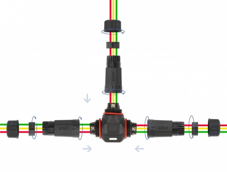 Imagine Cupla in T pentru 3 x cablu electric 4.5 - 7.5mm IP68 exterior, Delock 86917