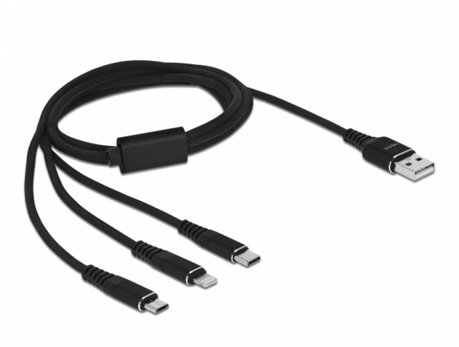 Imagine Cablu de incarcare USB-A la Lightning / Micro USB / USB Type C 1m Negru, Delock 87155