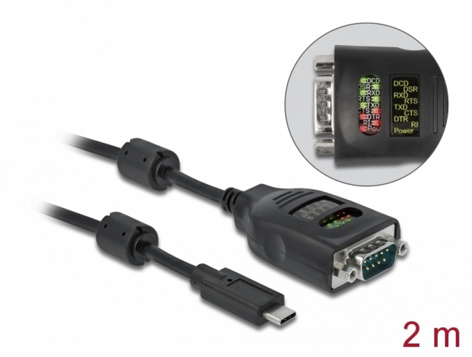 Imagine Cablu USB type C la Serial RS-232 DB9 FTDI cu LED 2m, Delock 90414