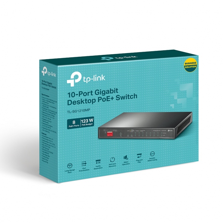 Imagine Switch cu 10 porturi Gigabit si 8 porturi PoE+, TP-LINK TL-SG1210MP