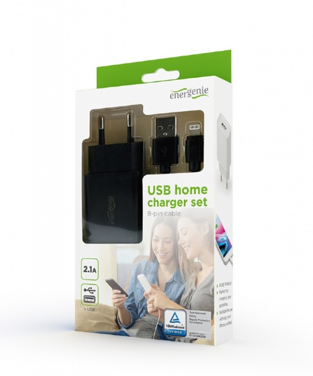 Imagine Incarcator priza 1 x USB-A 5V / 2.1A + cablu USB Lightning, Gembird EG-UCSET-8P-MX-black