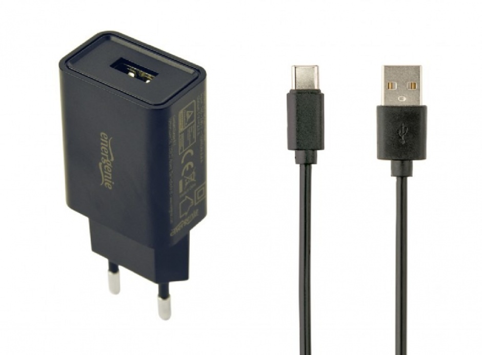 Imagine Incarcator priza 1 x USB-A 5V / 2.1A + cablu USB type C, Gembird EG-UCSET-C-MX-Black