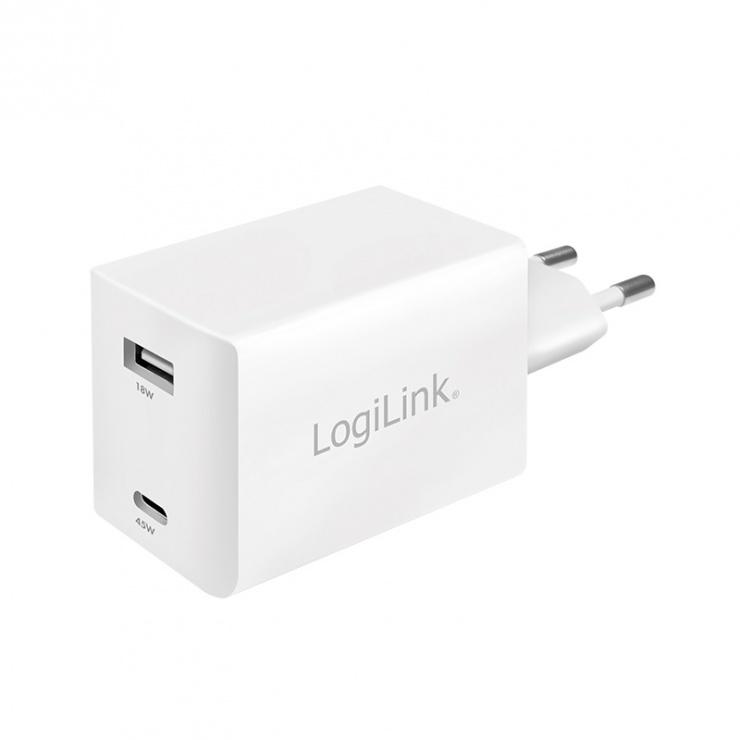 Imagine Incarcator priza 1 x USB-C + 1 x USB-A 3A/45W Alb, Logilink PA0230