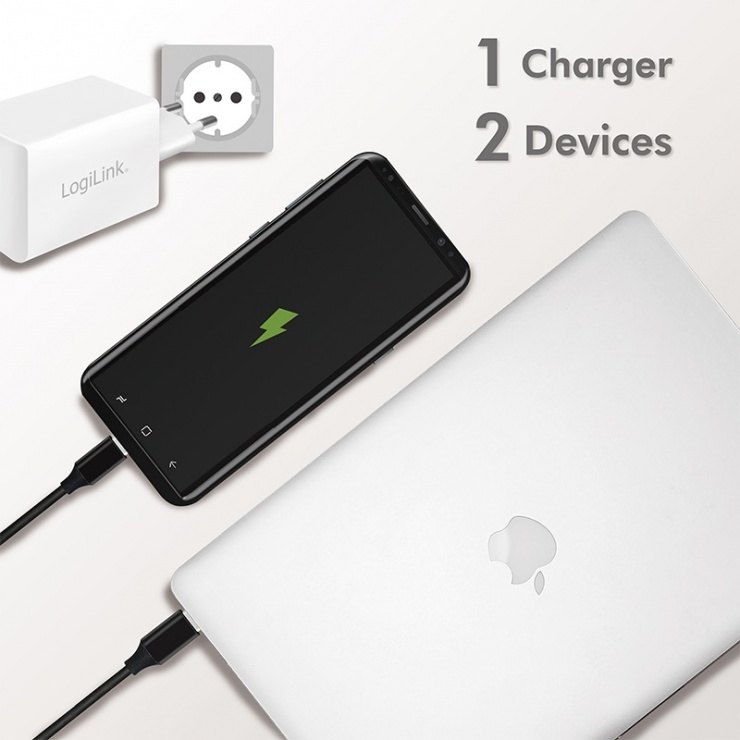 Imagine Incarcator priza 1 x USB-C + 1 x USB-A 3A/45W Alb, Loglink PA0230