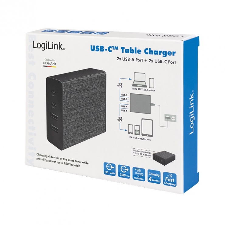 Imagine Incarcator priza 2 x USB-C + 2 x USB-A 3A/75W, Logilink PA0232