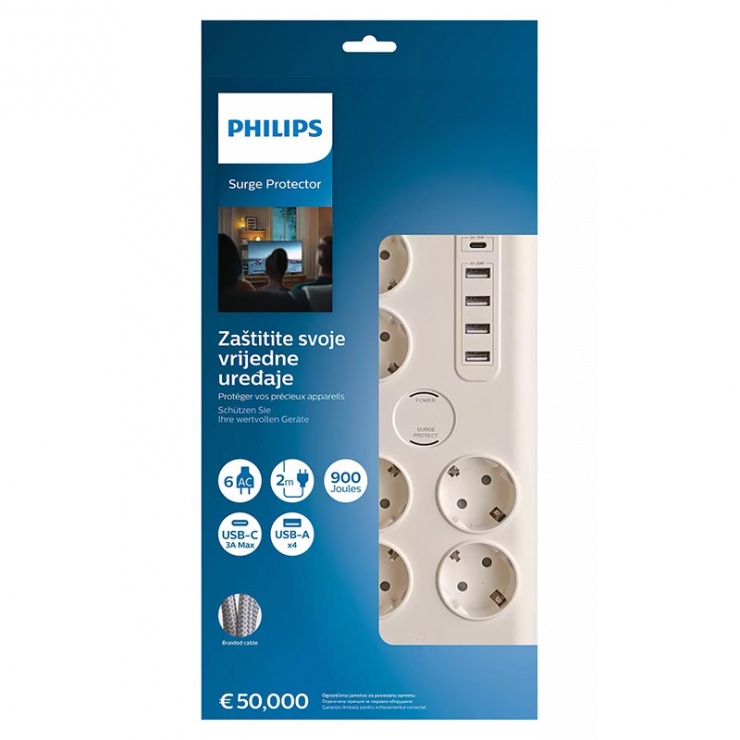 Imagine Prelungitor cu 6 prize Schuko + 4 x USB-A + 1 x USB-C Alb 2m, Phillips PH-SPN7060WA