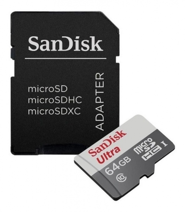 Imagine Card de memorie microSDXC 64GB clasa 10 + adaptor SD, Sandisk SDSQUNR-064G-GN3MA