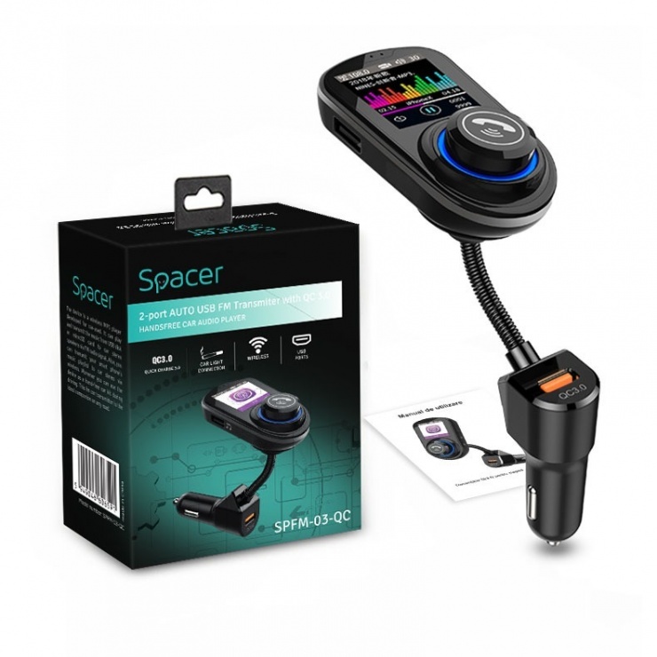 Imagine Modulator auto FM Bluetooth 5.0 + 1 x USB QC3.0 & 1 x USB 5V/1A, Spacer SPFM-03-QC