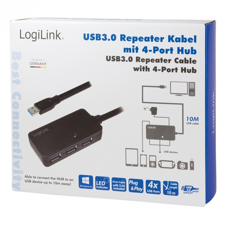 Imagine Cablu prelungitor USB 3.0 activ 10m + HUB 4 porturi USB-A, Logilink UA0262