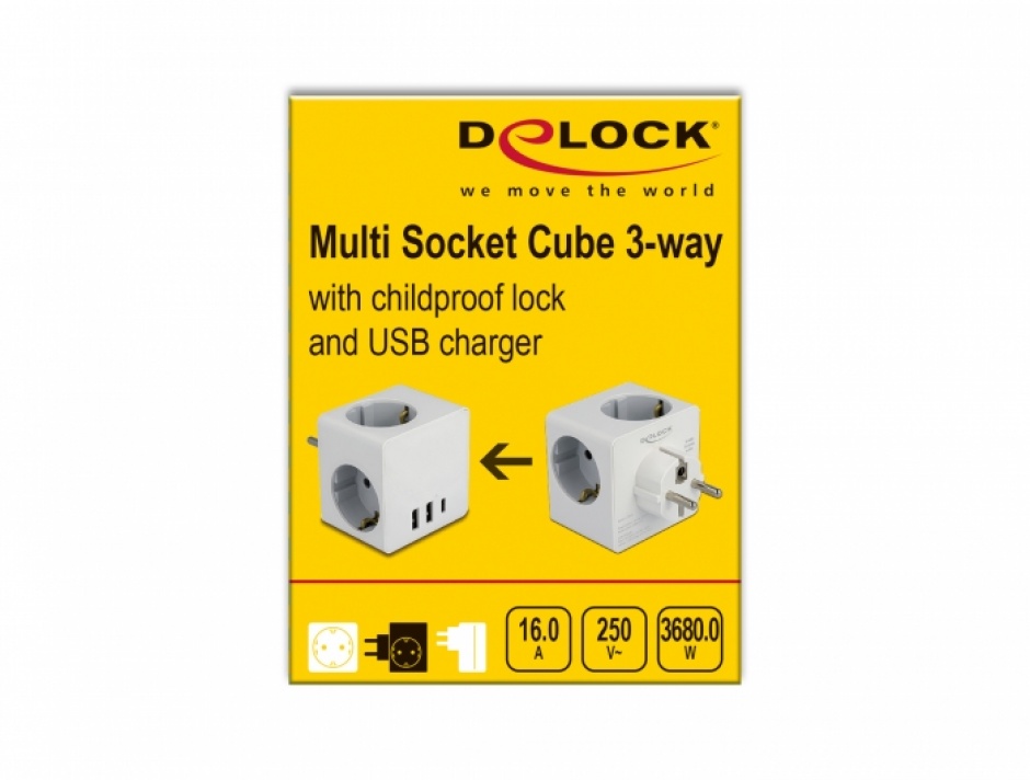 Imagine Prelungitor in forma de cub cu 3 x Schuko + 2 x USB-A + 1 x USB type C, Delock 11496