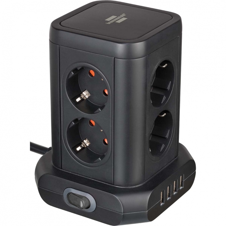 Imagine Priza turn cu 8 prize Schuko + 4 x USB si switch Negru, 1153560000