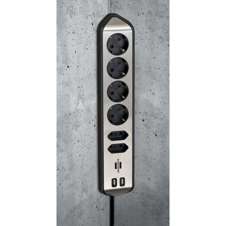 Imagine Prelungitor cu 6 prize Schuko + 2 x Euro + 2 x USB 2m, Brennenstuhl 1153590610