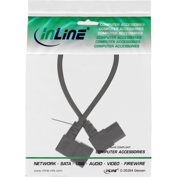 Imagine Cablu prelungitor C13 la C14 unghi 90 grade 0.5m Negru, InLine 16606A