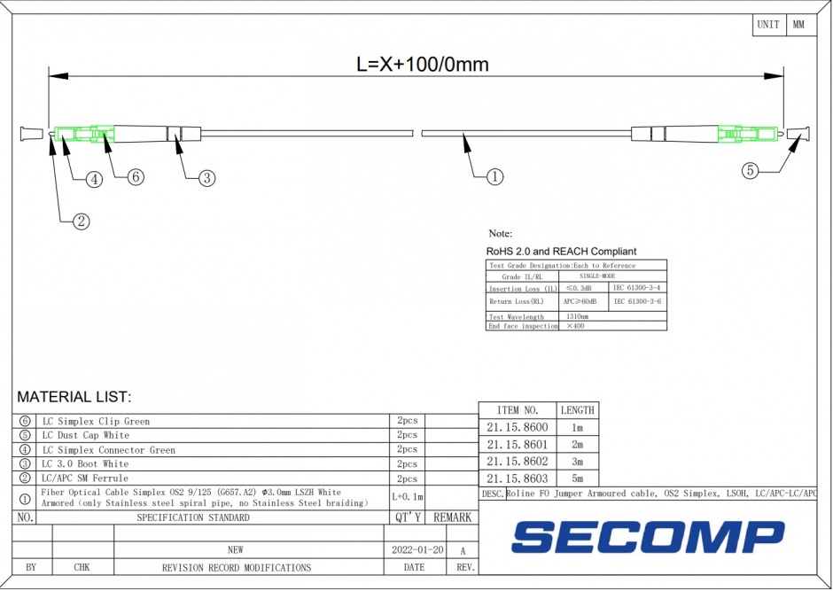 Imagine Cablu fibra optica LC- LC APC OS2 simplex LSOH Armoured 1m Alb, Roline 21.15.8600