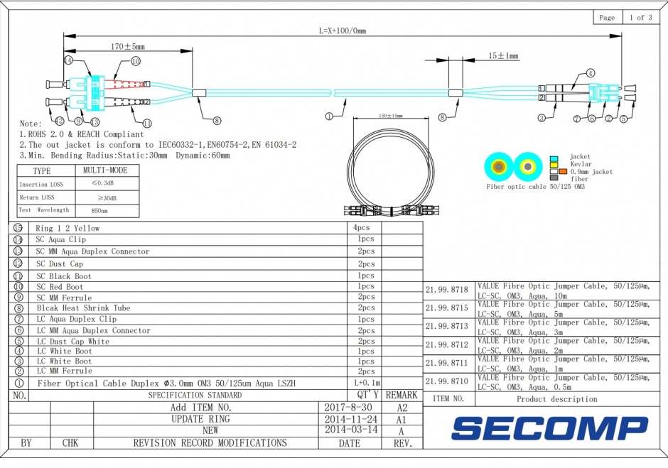 Imagine Cablu fibra optica LC-SC OM3 duplex multimode 0.5m, Value 21.99.8710