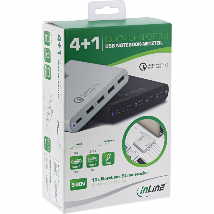 Imagine Incarcator universal Quick Charge 3.0 4 x USB-A + 1 x USB type C 80W Alb, InLine IL31510W