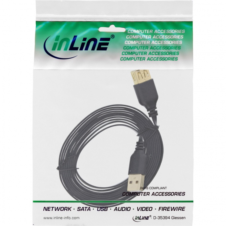 Imagine Cablu prelungitor USB 2.0 T-M flat 1m Negru, InLine IL34610F