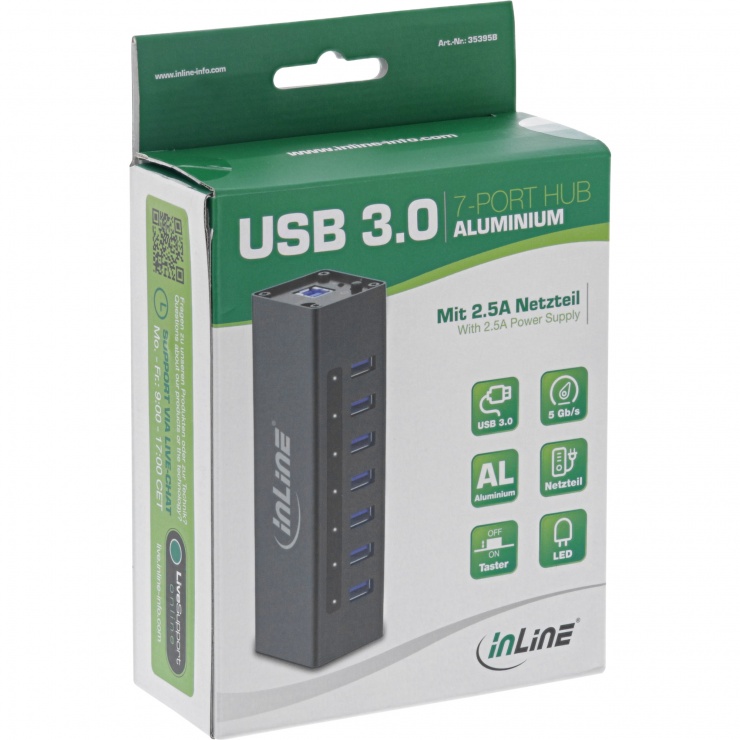 Imagine HUB USB 3.2 Gen1 cu 7 porturi USB-A + alimentare Aluminiu, InLine IL35395B