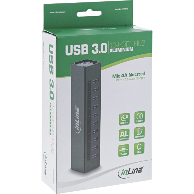 Imagine HUB USB 3.2 Gen1 cu 10 porturi USB-A + alimentare Aluminiu, InLine IL35395C