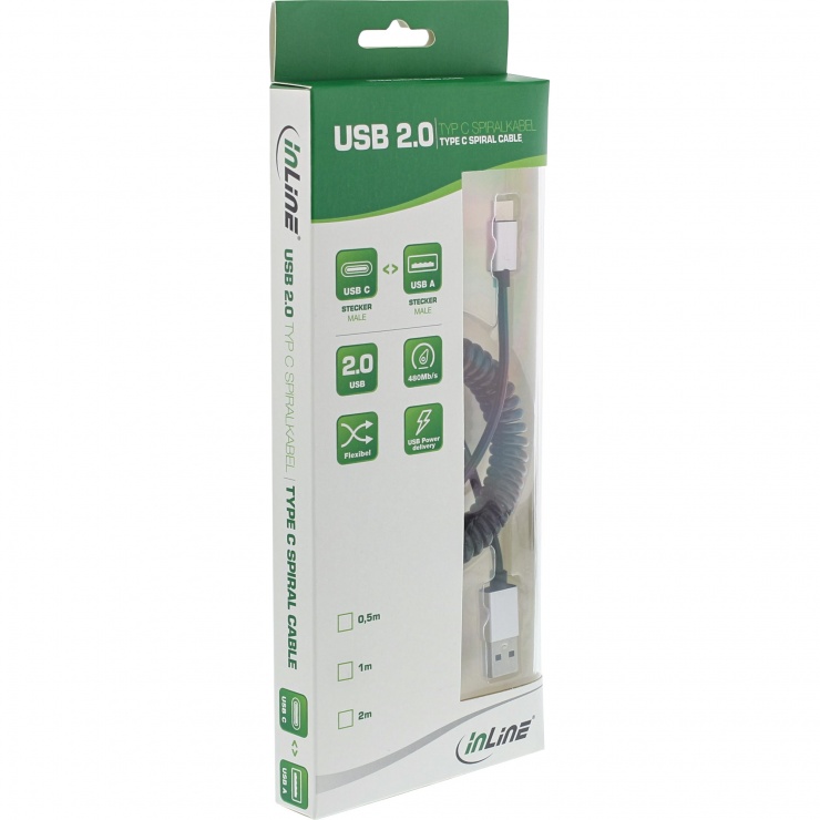 Imagine Cablu USB 2.0 type C la USB-A spiralat 2m, InLine IL35872