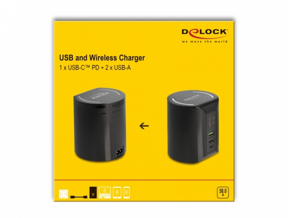 Imagine Incarcator priza 1 x USB type C PD + 2 x USB-A 58W + incarcare wireless 10W, Delock 41441