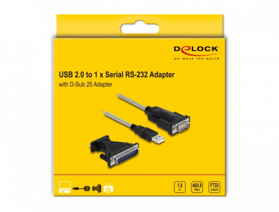 Imagine Adaptor USB la serial DB9 RS-232 FTDI + adaptor D-Sub 25, Delock 61314