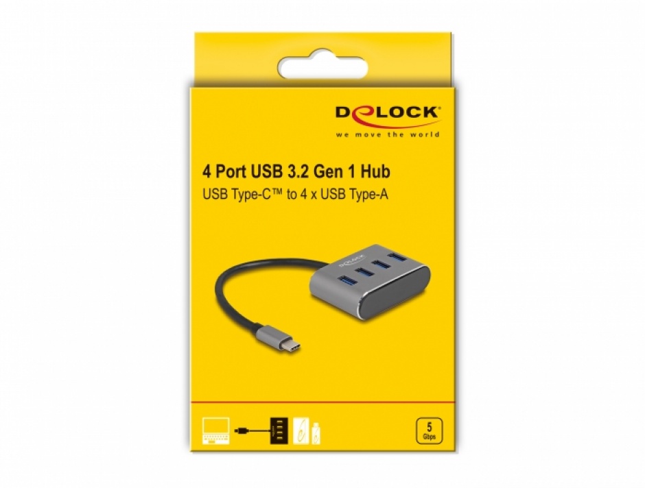 Imagine HUB USB 3.2 Gen1 type C la 4 x USB-A, Delock 63223