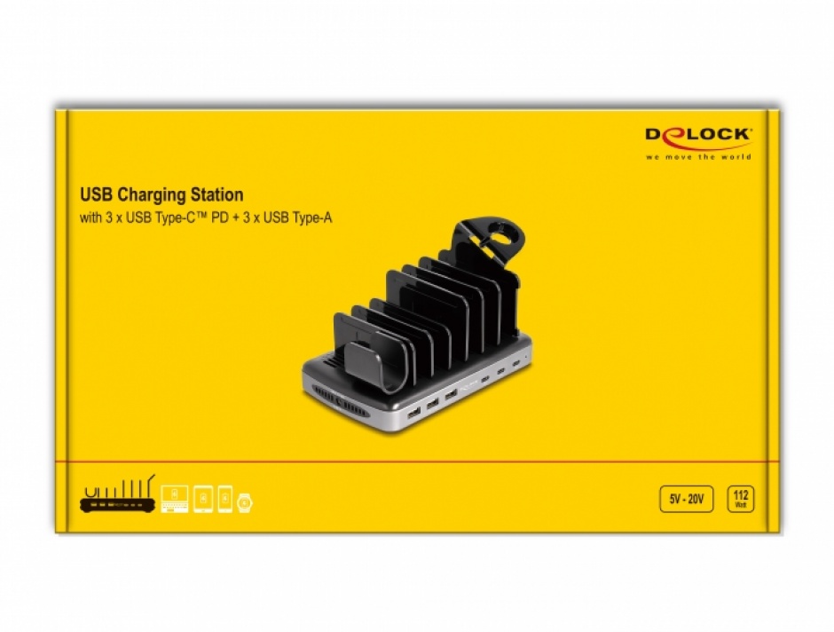 Imagine Statie de incarcare (incarcator priza) cu 3 x USB type C PD + 3 x USB-A (112 W), Delock 41461