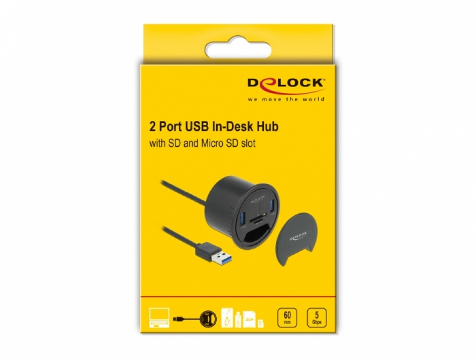 Imagine HUB USB 3.2 Gen 1 cu 2 x USB-A + slot micro SD/SD montare masa, Delock 64152
