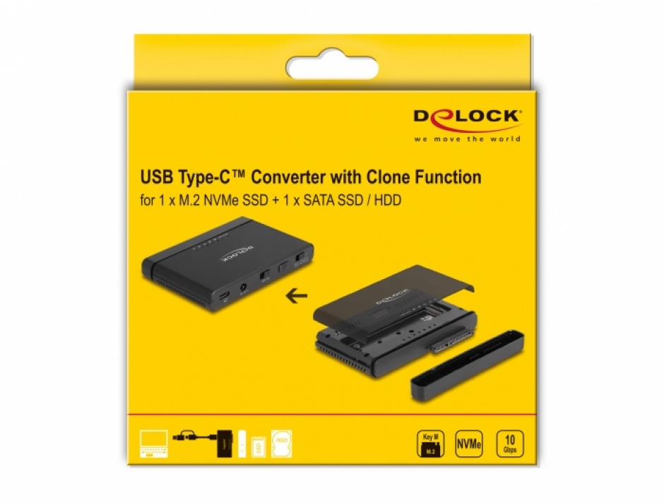 Imagine Convertor USB 3.2 Gen2 type C la M.2 NVMe SSD + 1 x SATA SSD/HDD cu functie de clona, Delock 64190