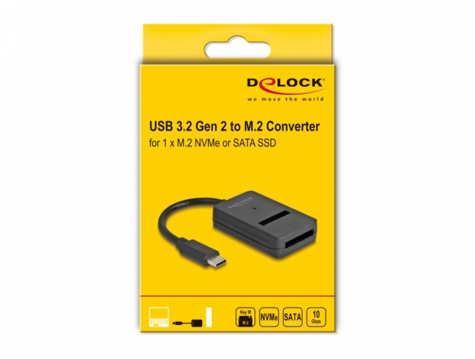 Imagine Convertor USB 3.2 Gen2 type C la M.2 NVMe PCIe/SATA SSD, Delock 64198